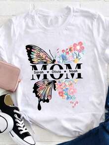 Camiseta unisex personalizada para mamá, camiseta floral para mamá, camiseta de mamá con mariposas, camiseta para el Día de la Madre, camisetas a juego para madre e hijo, top casual personalizado de cuello redondo para mujer, regalo de agradecimiento de mi madre, blusas casuales para mujer, camisetas de mujer, blusas casuales para mujer, camisetas de hombre, sudadera de hombre. Moda moderna perfecta para el día a día.Pure-Cotton - Blanco - Ver 6