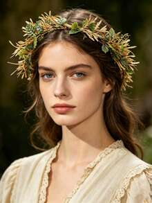 1 pieza Corona de flores y hojas artificiales estilo Mori, accesorio para el cabello, diadema de flores de vid fresca para fiesta, vacaciones, fotografía, diadema de novia para boda, guirnalda para el cabello - Verde - Ver 1