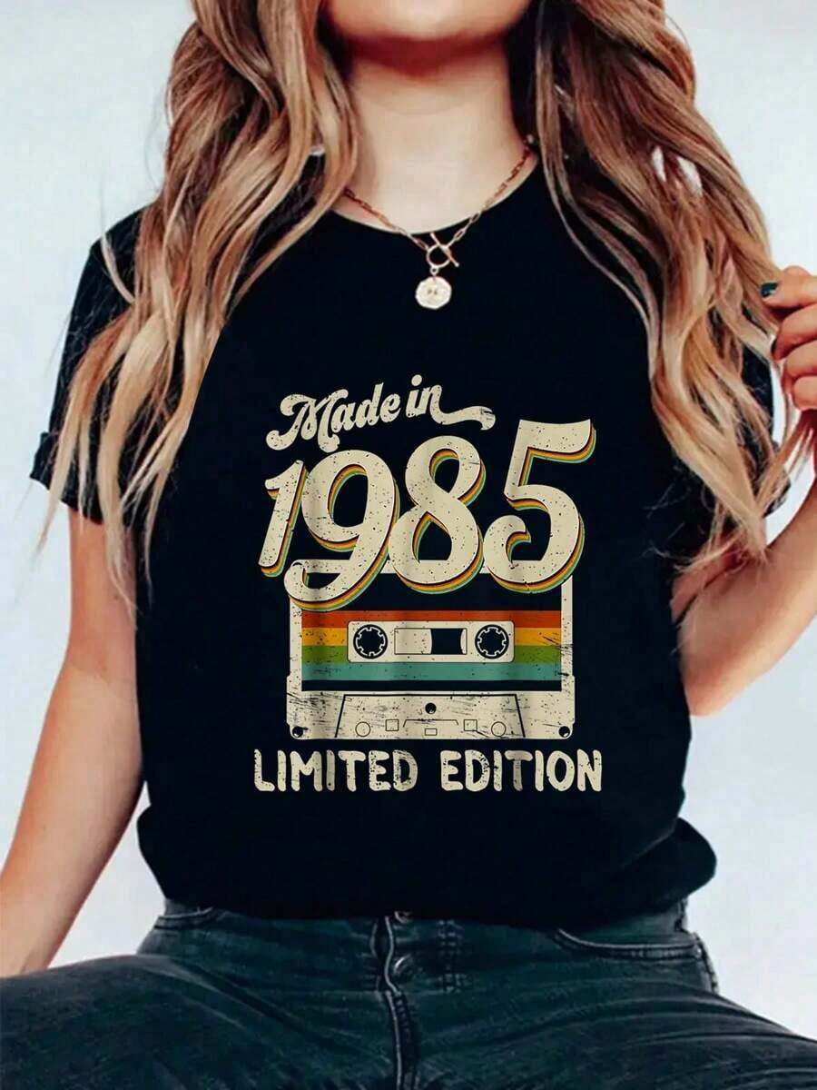 Fabricado en 1985, Edición Limitada, Camiseta con Estampado de Casete para 37º Cumpleaños, Camiseta de Manga Corta con Cuello Redondo para Mujer, Camisetas Gráficas de Moda para Mujer, Topplayeras de mujer - Negro - Ver 1