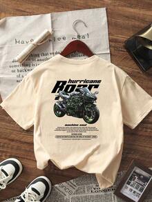 Nueva Camiseta de Verano Minimalista con Estampado de Motocicleta, Cuello Redondo, Manga Corta, Casual, Versátil y a la Moda para Mujer, Blusa Blanca de Estilo Vintage Urbano, Unisex, Holgada, de Algodón, Manga Corta, Cuello Redondo. blusas.blusas casuales para dama. - Albaricoque 2 - Ver 2