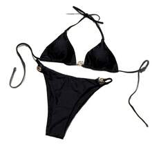 Nuevo y sexy traje de baño de dos piezas de nailon brillante metálico con anillos, espalda descubierta y lazo trasero. - Negro - Ver 6