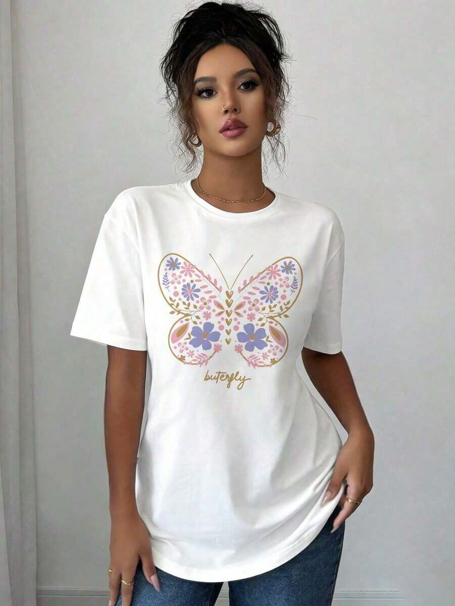 Camisetas Básicas de Tallas Grandes para Mujer - Camisetas Casuales de Manga Corta, Prendas Ligeras Esenciales para el Verano, Camiseta con Estampado Abstracto de Mariposas Florales|   Top Casual de Manga Corta y Cuello Redondo, Adecuado para Verano y Primavera, Ropa de Mujer Transpirable y Cómoda - Blanco - Ver 1