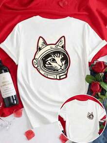 Camisetas de manga corta de talla grande para mujer, ideales para el verano, camisetas básicas de uso diario, camiseta de manga corta con estampado frontal y trasero - Gato Espacial, Estampado de astronauta - Camiseta estampada de primavera/verano para mujer, artículo de moda, transpirable y cómoda. - Blanco - Ver 12