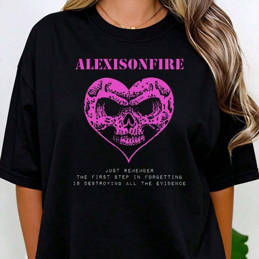Camiseta Holgada de Corte Moderno Alexisonfire con Estampado Gráfico de Corazón y Calavera en Negro y Rosa para Hombres y Mujeres, Ropa Casual, Regalo de Banda de Música, Moda, Estilo Urbano, Estilo Vacacional, Camiseta para Uso Diario, Regalos para Parejas y Amigos, 100% Algodón, 1 Pieza, Camiseta Básica de Algodón con Cuello Redondo para Mujer - Negro - Ver 1