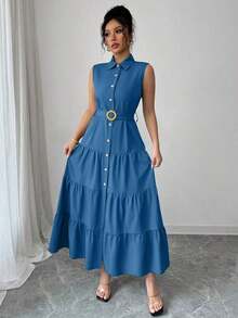 Women's Single-Breasted Sleeveless Shirt Dress With Ruffled Hem In Solid Color - Blue - View 6