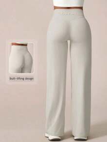 2026 TimeOff 1 pieza Pantalones deportivos de mujer minimalistas con cintura elástica, estampado de letras, pierna recta y ancha, efecto levantador V-Shape, primavera - Albaricoque - Ver 12