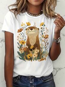 Camiseta para mujer con linda nutria y flores silvestres - Top casual de verano de manga corta y cuello redondo con estampado de nutria, elasticidad media, adecuada para amantes de la naturaleza, atuendo casual, estilo blusa de flores silvestres lavable a máquina para todo tipo de cuerpo - [Blanco] - Ver 6