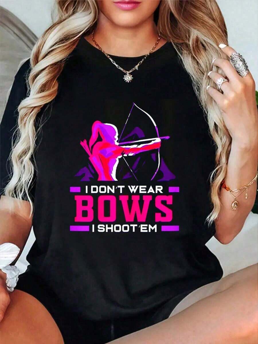 Camiseta 100% Algodón para Mujer con Diseño de Arquera, Arco y Flecha, Camiseta Gráfica para Hombre y Mujer, Cuello Redondo, Estilo Clásico, Moda de Verano, Tops para Vacaciones - Negro - Ver 1