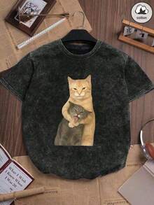 Camiseta de manga corta para mujer con cuello redondo y estampado de gato, estilo casual, cómoda y holgada, con un estilo retro urbano para uso diario, color negro de verano.--Ligero y transpirable - Negro - Ver 1
