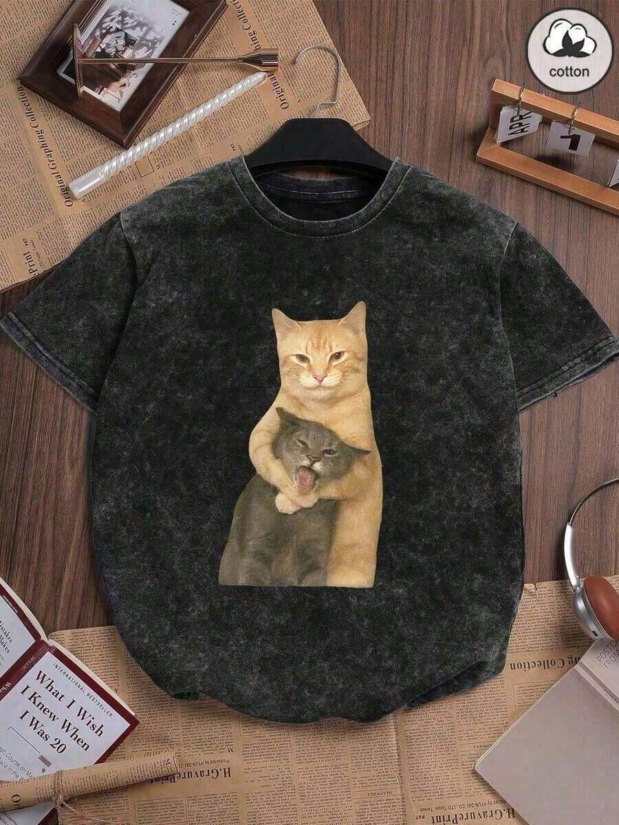 Camiseta de manga corta para mujer con cuello redondo y estampado de gato, estilo casual, cómoda y holgada, con un estilo retro urbano para uso diario, color negro de verano.--Ligero y transpirable - Negro - Ver 1