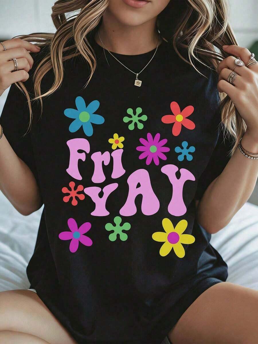 Elegante y casual para mujer, manga corta, camiseta casual para mujer con estampado de flores, top blanco para fiestas de fin de semana y uso de verano. - Negro - Ver 1