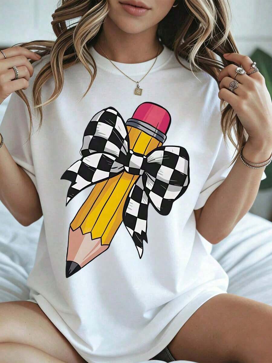 Elegante y casual para mujer, manga corta, linda camiseta con lazo y estampado gráfico, ropa casual blanca para mujer, estilo de primavera y verano. - Blanco - Ver 1