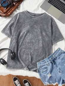 Camiseta de algodón lavado de 230 g, estilo vintage, 100% algodón puro - Diseño básico de una sola pieza, color sólido, cuello redondo informal, corte holgado, textura suave, tejido transpirable 100% algodón. - Gris - Ver 6
