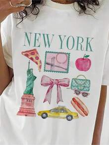 This Is A New York-Themed Printed T-Shirt Featuring A Casual Crew Neck And Short Sleeves, Made From A Mix Of Materials. It Has A Fun Cartoon Design Including The Statue Of Liberty, Pizza, Luggage, And Hot Dogs, Making It Perfect For Casual Wear. - 白色 - 查看 6