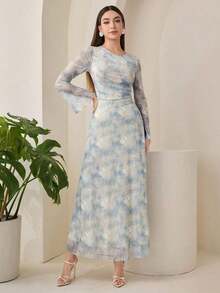 Vestido elegante de mujer con cuello redondo, mangas acampanadas y plisado en estilo tie-dye - Multicolor - Ver 5