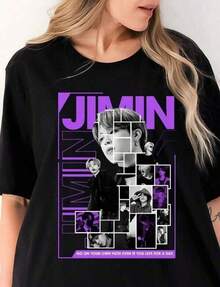 Camiseta de Mujer Casual y Versátil Jimin Bangtan Vintage Retro Y2K con Gráficos, Camiseta Unisex para Fans de , Camiseta de Manga Corta con Estampado Back World 2026, Cuello Redondo, Camisetas Gráficas para Mujer. - Negro - Ver 1