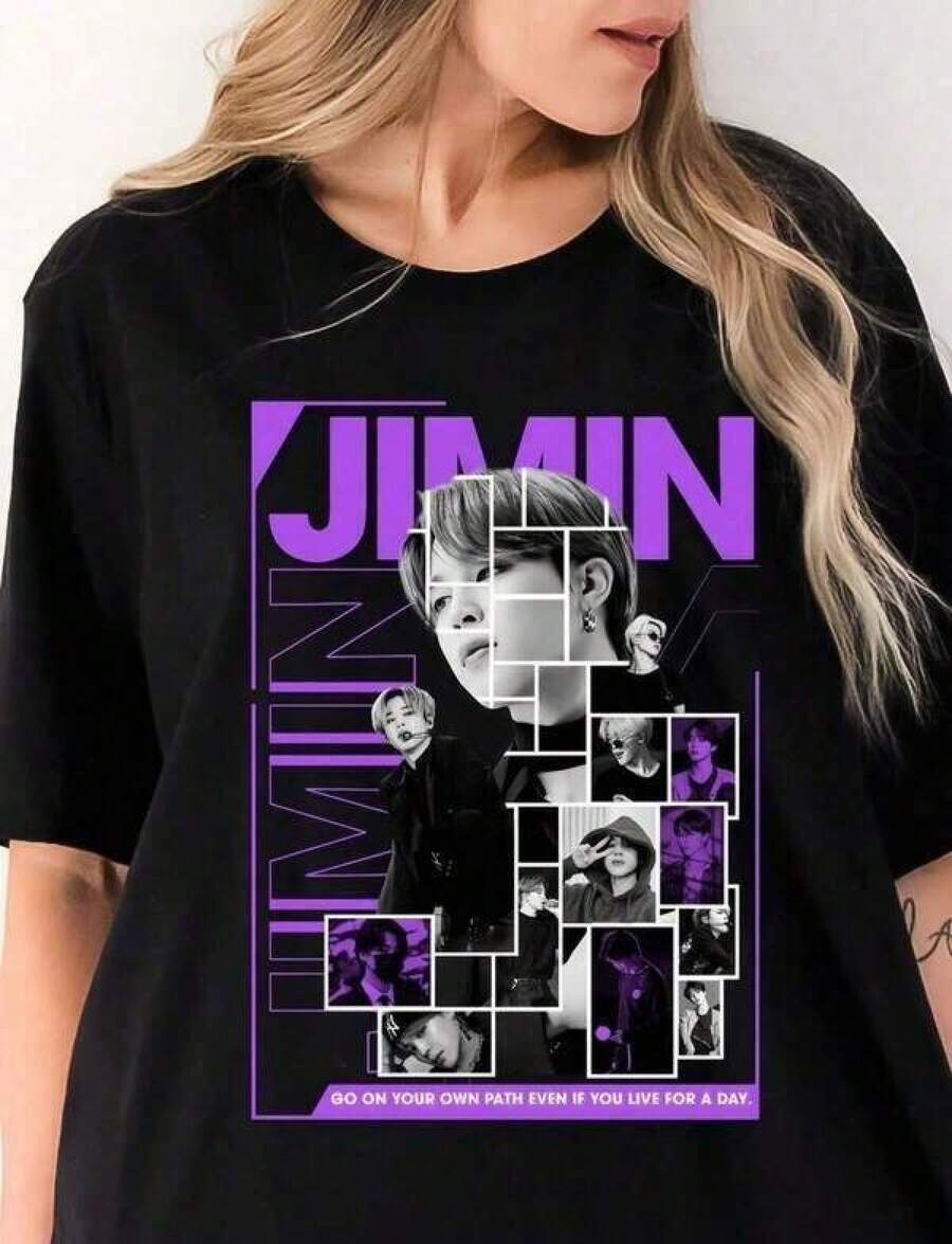 Camiseta de Mujer Casual y Versátil Jimin Bangtan Vintage Retro Y2K con Gráficos, Camiseta Unisex para Fans de , Camiseta de Manga Corta con Estampado Back World 2026, Cuello Redondo, Camisetas Gráficas para Mujer. - Negro - Ver 1