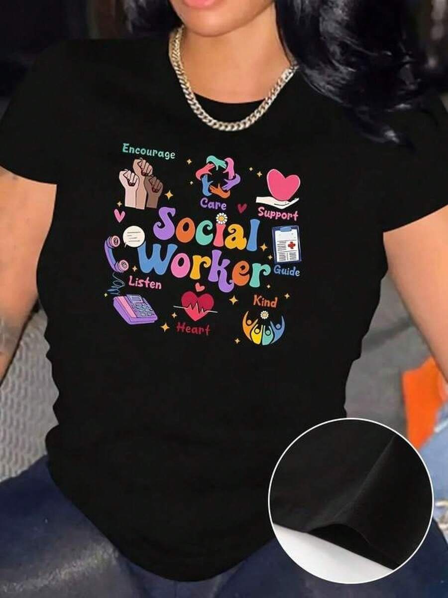 Camiseta De Manga Corta con Cuello Redondo Informal para Mujer, Gráfico Colorido De Trabajador Social, Patrón Geométrico, Tejido De Punto Elástico, Poliéster, Top De Verano, Todas Las Estacionesblusas para mujer playeras de mujer vestidos casuales para mujer y2k playeras deportivas para mujer verano camisetas ropa de mujer Fashion Perfect For Daily - Negro - Ver 1