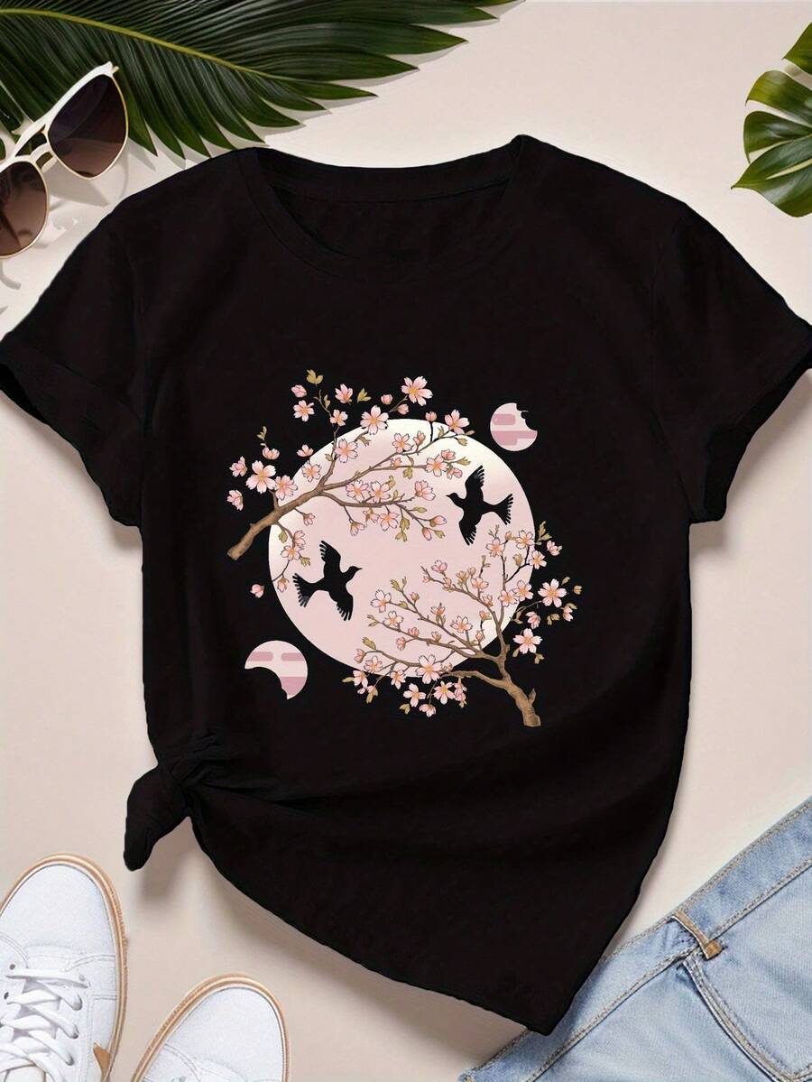 Camiseta Deportiva de Manga Corta para Mujer Talla Grande Sakura - Negro - Ver 1