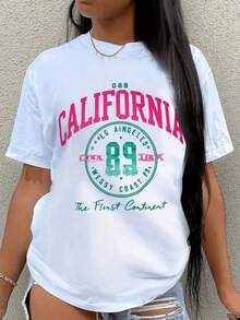 California Print T-Shirt - Women's Casual Short Sleeve Crew Neck T-Shirt, Loose Fit, Soft Fabric - Ideal For Everyday Wear, Vacation, Summer Styles, Streetwear, New Arrivals, Shipped From Local Warehouse - 白色 - 查看 6