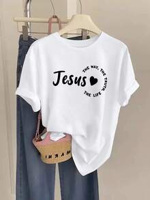 Camiseta de manga corta de corte regular - Estampado de moda "Jesús, Jesús es el camino, la verdad y la vida" - Camiseta de manga corta estampada, versátil y transpirable para mujer, ideal para primavera/verano, atuendo casual diario de verano. - Blanco - Ver 1