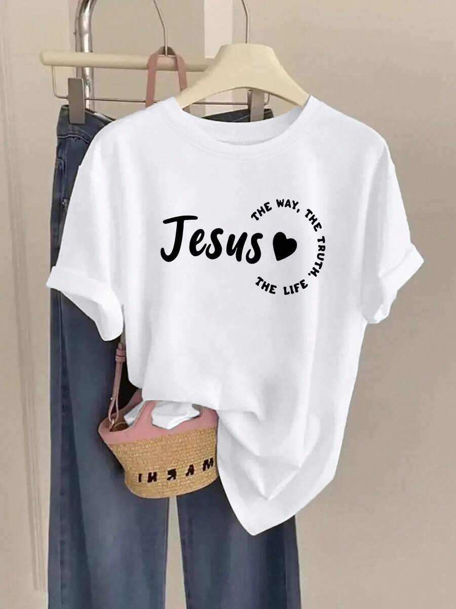 Camiseta de manga corta de corte regular - Estampado de moda "Jesús, Jesús es el camino, la verdad y la vida" - Camiseta de manga corta estampada, versátil y transpirable para mujer, ideal para primavera/verano, atuendo casual diario de verano. - Blanco - Ver 1