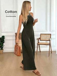 Mono de pierna ancha con contraste en el escote y la cintura, de tela de algodón cómoda, uso casual, relajado y elegante para la oficina/vacaciones para mujeres, primavera/verano - Gris - Ver 6