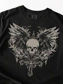 Ropa Curvy En Oferta Y  Vintage Y2K Afflictions Style Skull T-Shirt, Grunge Shirt, Punk Menswear Skull Cross Y2K Goth Shirt, Alt Grunge Gothic Emo Aesthetic Wings,Ideal Para Uso Diario, Salidas, Citas Y VacacionesCamisetas Para Mujer Y2K - Negro - Ver 1