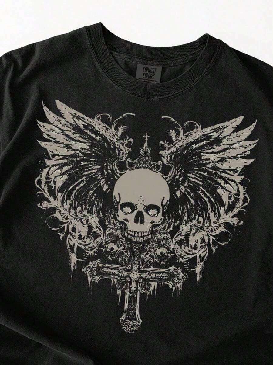 Ropa Curvy En Oferta Y Vintage Y2K Afflictions Style Skull T-Shirt, Grunge Shirt, Punk Menswear Skull Cross Y2K Goth Shirt, Alt Grunge Gothic Emo Aesthetic Wings,Ideal Para Uso Diario, Salidas, Citas Y VacacionesCamisetas Para Mujer Y2K - Negro - Ver 1