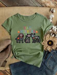 Camisetas Ligeras con Estampados Gráficos, Diseño de Calaveras, Perros y Gatos del Día de Muertos Mexicano, Corte Holgado, para Deportes y Fiestas, Bonitas, Elegantes, a la Moda, Regalo, Suaves, Lavables a Máquina, Elásticas, para Uso Casual en Casa, Cuello Redondo, Manga Corta, 100% Algodón, Opción Popular - Verde - Ver 7