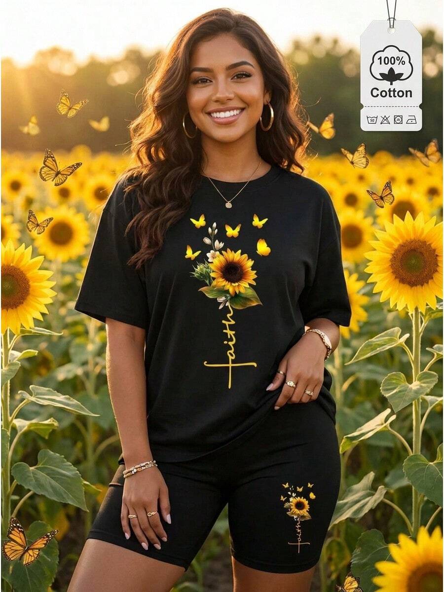 Conjunto Plus Mariposa: Conjunto de Talla Grande: Camiseta y Shorts con Estampado de Mariposas, Ropa de Verano Curvy en Color Negro - Negro - Ver 1