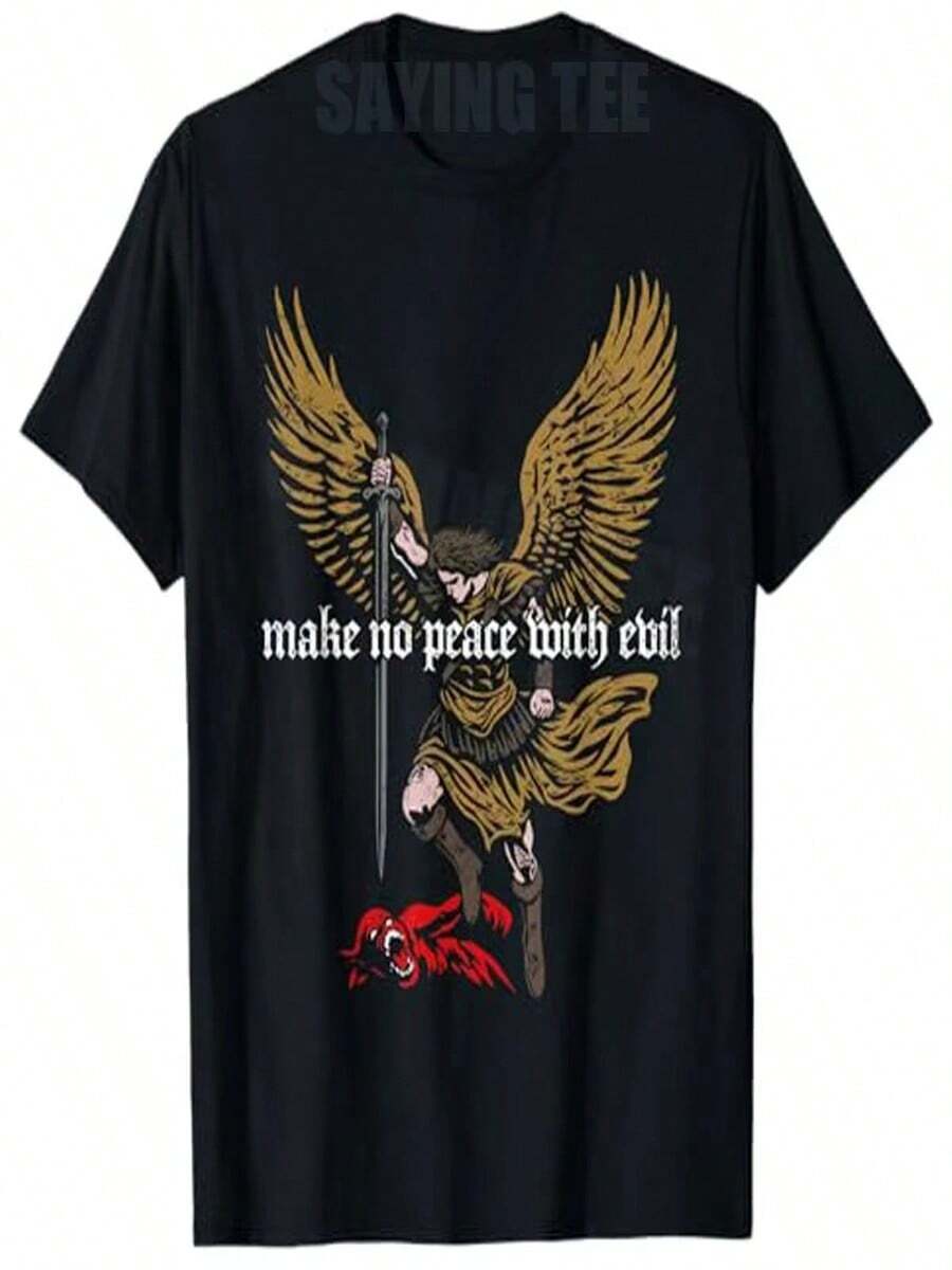 ?Nunca cedas ante el mal! Camisetas dise?adas por el Arcángel Miguel, un regalo original con estampados de ángeles y demonios, símbolo de fe y acción. - Negro - Ver 1