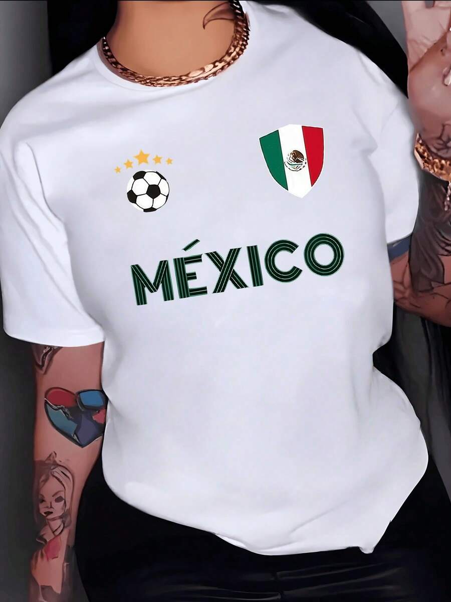 Tricolor Shield With Mexican Eagle And Ball Surrounded By Stars Evoking National Passion And Sporting Pride; Comfortable Casual Women's T-Shirt For Mexican Soccer Fans - 白色 - 查看 1
