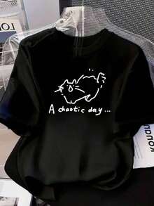 100% cotton Camiseta de mujer inspirada en Y2K con gatito encantador y gráfico de "Un día caótico" - Suave, cuello redondo, manga corta, estilo casual y elegante para atuendo casual, perfecto para salidas de verano, tallas S-XXL - Negro - Ver 6