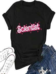 ELDPS - playera de manga corta con estampado de letras científicas para mujer - Negro - Ver 1