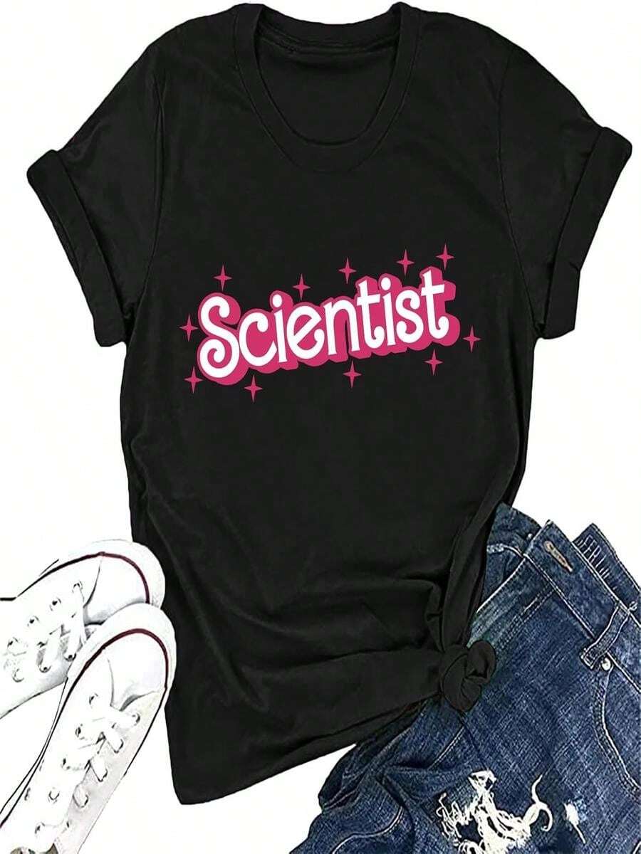 ELDPS - playera de manga corta con estampado de letras científicas para mujer - Negro - Ver 1