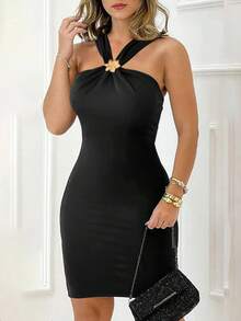 Vestido Mini Bodycon Negro con Cuello Halter y Detalle Floral para Mujer, Glamuroso, Sexy, para Fiesta de Verano, Cita Nocturna, Elegante y Favorecedor - Negro - Ver 3