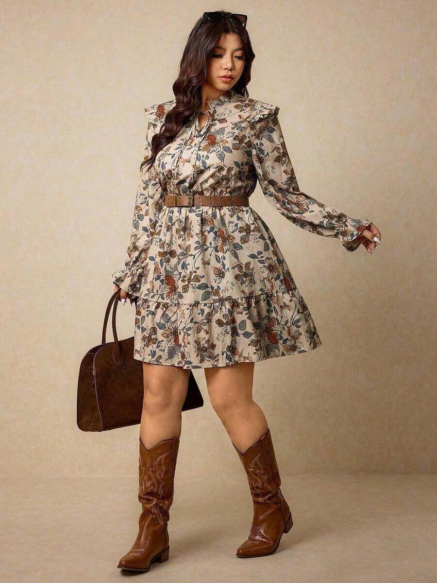 Vestido casual de manga larga con cuello de lazo, volantes y estampado floral para mujer de talla grande, apto para primavera/invierno - Multicolor 2 - Ver 1