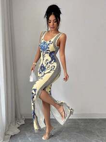 Exquisita bata de estilo retro de lujo con estampado de chinoiserie, cintura ceñida y abertura en el bajo, al estilo de Oriente Medio y los Emiratos Árabes Unidos - Multicolor 3 - Ver 6