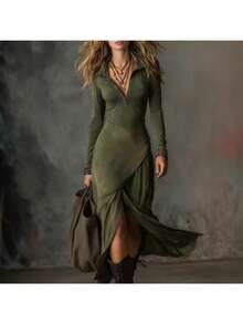 Vestido vintage con solapa y cremallera de ciervo del oeste - Verde Oliva - Ver 6