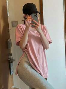Camiseta con abertura en el bajo, estilo preppy - Rosa - Ver 2