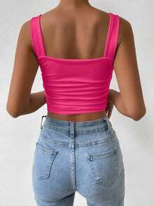 Femesol Top de cami corto fruncido de un solo color,top básico - Rosa Fucsia - Ver 2