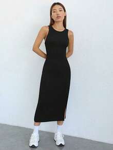 Vestido tank unicolor de muslo con abertura - Negro - Ver 8
