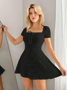 Vestido corto casual de unicolor con cuello cuadrado y manga corta en estilo Y2K para mujer, color blanco - Negro - Ver 3