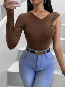 Camiseta De Señora Entallada Con Cuello En V De Color Sólido - Café integral - Ver 7