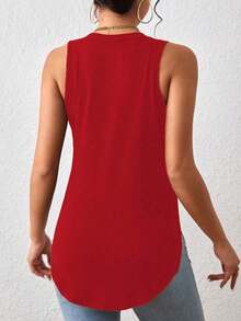 1 pieza Camiseta casual de mujer de cuello redondo y bajo con abertura lateral de un solo color - Rojo - Ver 2