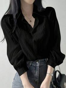 Blusa suelta de unicolor con cuello vuelto y pliegues para mujer, color morado, para primavera/verano/otoño, ropa de mujer de manga larga - Negro - Ver 3
