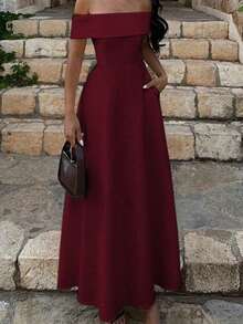 Vestido de mujer de unicolor con hombros descubiertos, nuevo vestido largo elegante y ajustado sin espalda para fiestas, uso diario y citas - Burdeos - Ver 1