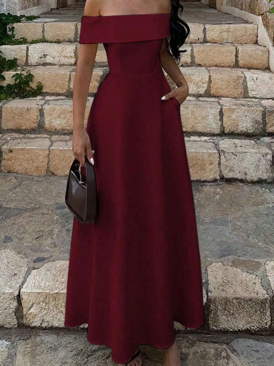 Vestido de mujer de unicolor con hombros descubiertos, nuevo vestido largo elegante y ajustado sin espalda para fiestas, uso diario y citas - Burdeos - Ver 1