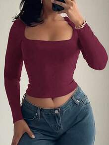 Camiseta ajustada de manga larga con cuello cuadrado para mujer, primavera/verano Y2K, unicolor, sexy, adecuada para el Día de San Valentín y uso casual - Burdeos - Ver 9